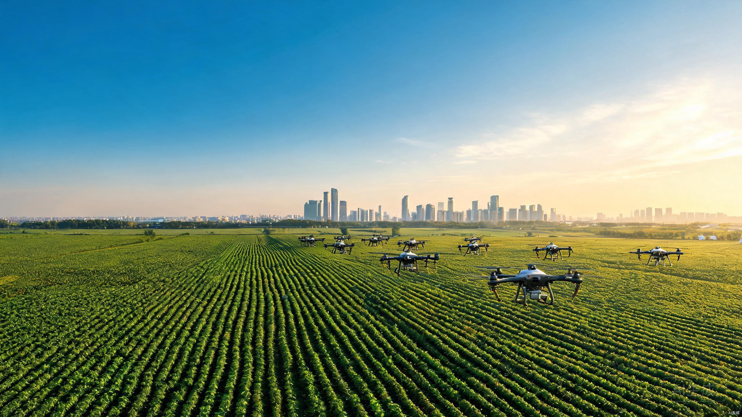 Chinese commercial drones flying over farmland